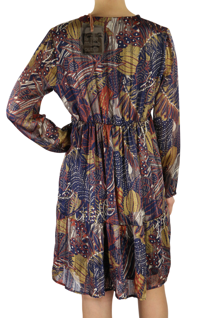 LA FE MARABOUTE Women's Dress 38 Printed Long Sleeve V-Neck Elastic Waist