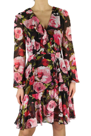 LIU JO Volant Women's Dress 40 Floral V-Neck Long Sleeve Lined Zipped Short Logo