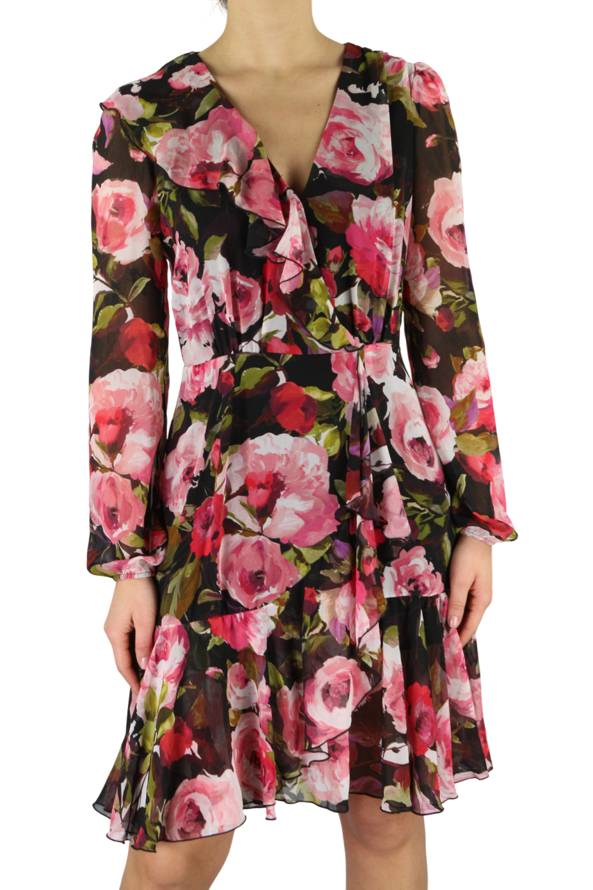 LIU JO Volant Women's Dress 40 Floral V-Neck Long Sleeve Lined Zipped Short Logo