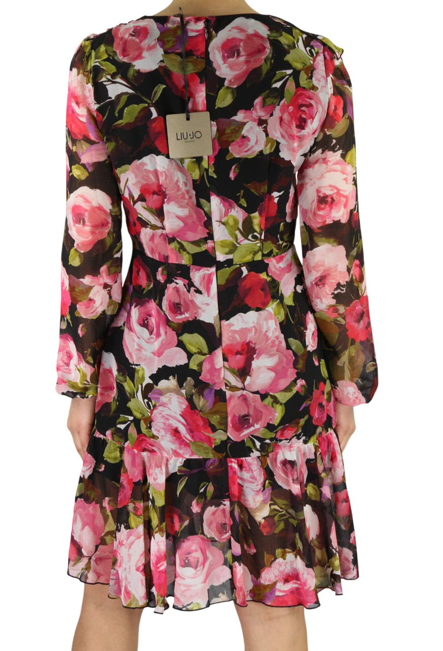 LIU JO Volant Women's Dress 40 Floral V-Neck Long Sleeve Lined Zipped Short Logo