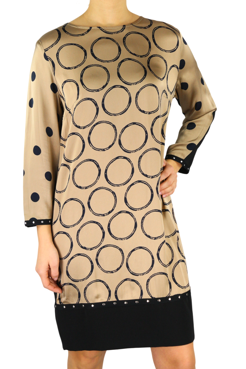 BLEU BLANC ROUGE Magie Women's Dress S Beige 3/4 Sleeve Crew Neck Printed Short