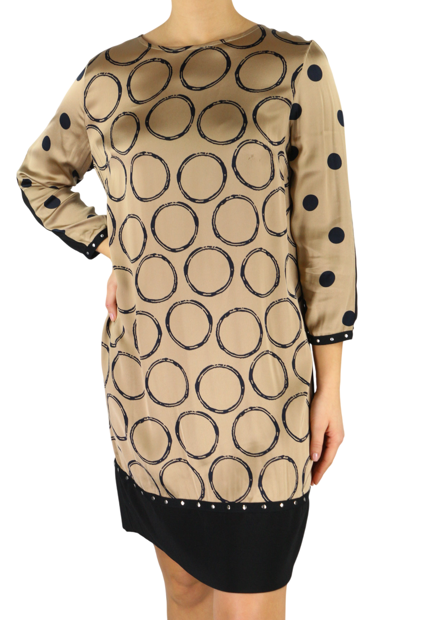 BLEU BLANC ROUGE Magie Women's Dress S Beige 3/4 Sleeve Crew Neck Print Short