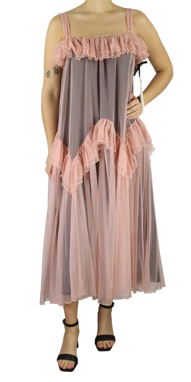 GUGLIELMO CAPONE Dolls Women's Dress 42 Pink Sleeveless Tulle Ruffle Midi Logo