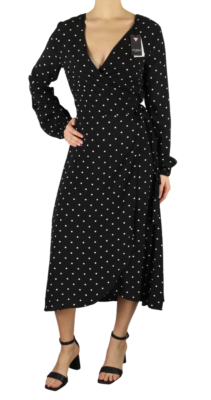 GUESS Women's Dress M Black White V-Neck Long Sleeve Polka Dot Lined Midi Logo