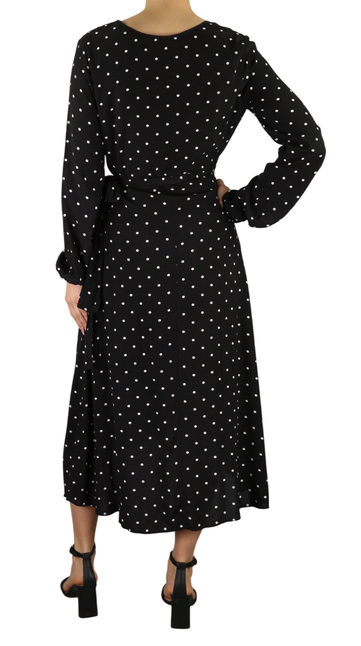 GUESS Women's Dress M Black White V-Neck Long Sleeve Polka Dot Lined Midi Logo