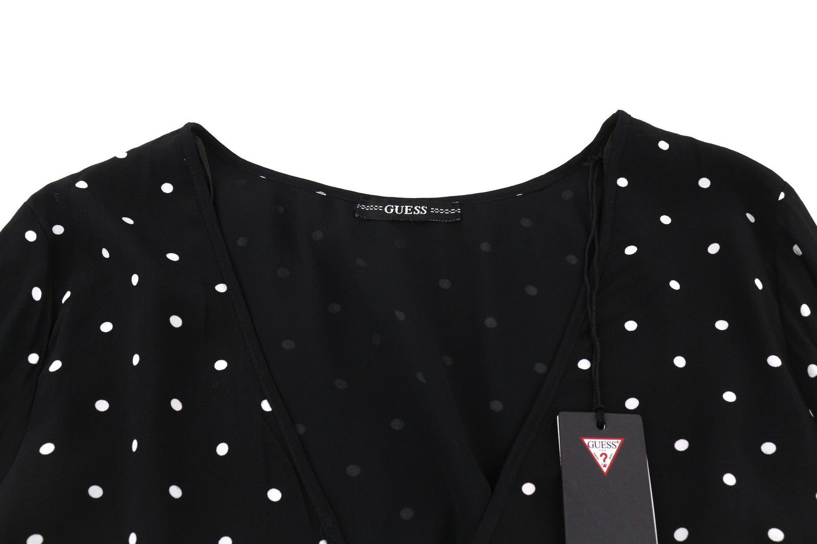 GUESS Women's Dress M Black White V-Neck Long Sleeve Polka Dot Lined Midi Logo