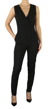 MAKADAMIA Women's Jumpsuit 38 Black Sleeveless Fitted V-Neck Logo Pocket Overall