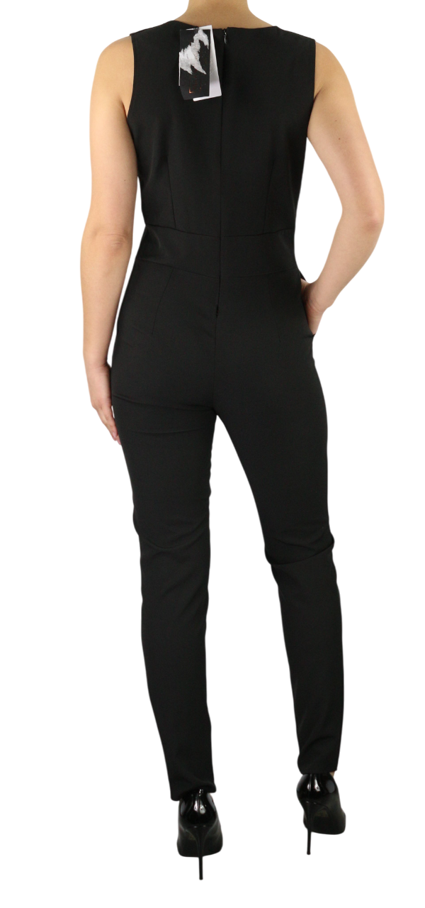 MAKADAMIA Women's Jumpsuit 38 Black Sleeveless Fitted V-Neck Logo Pocket Overall