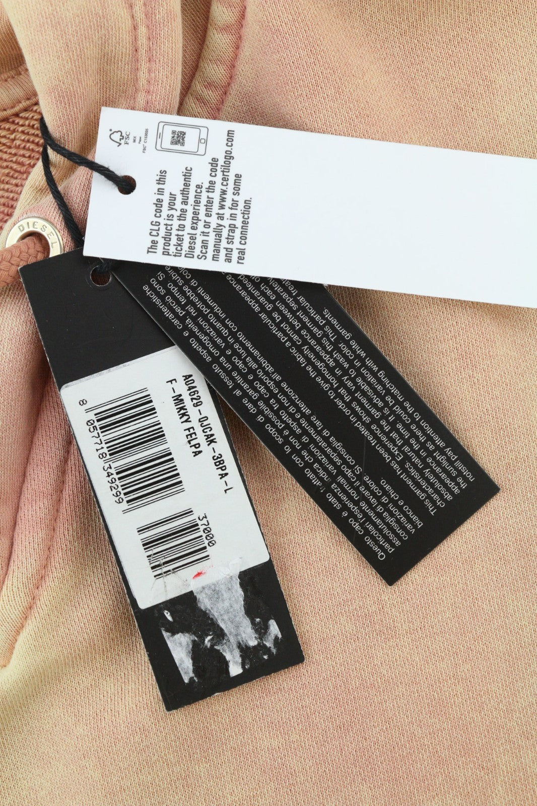 DIESEL F-Mikky Women's Hoodie L Peach Hood Asymmetrical Logo Pullover RRP195