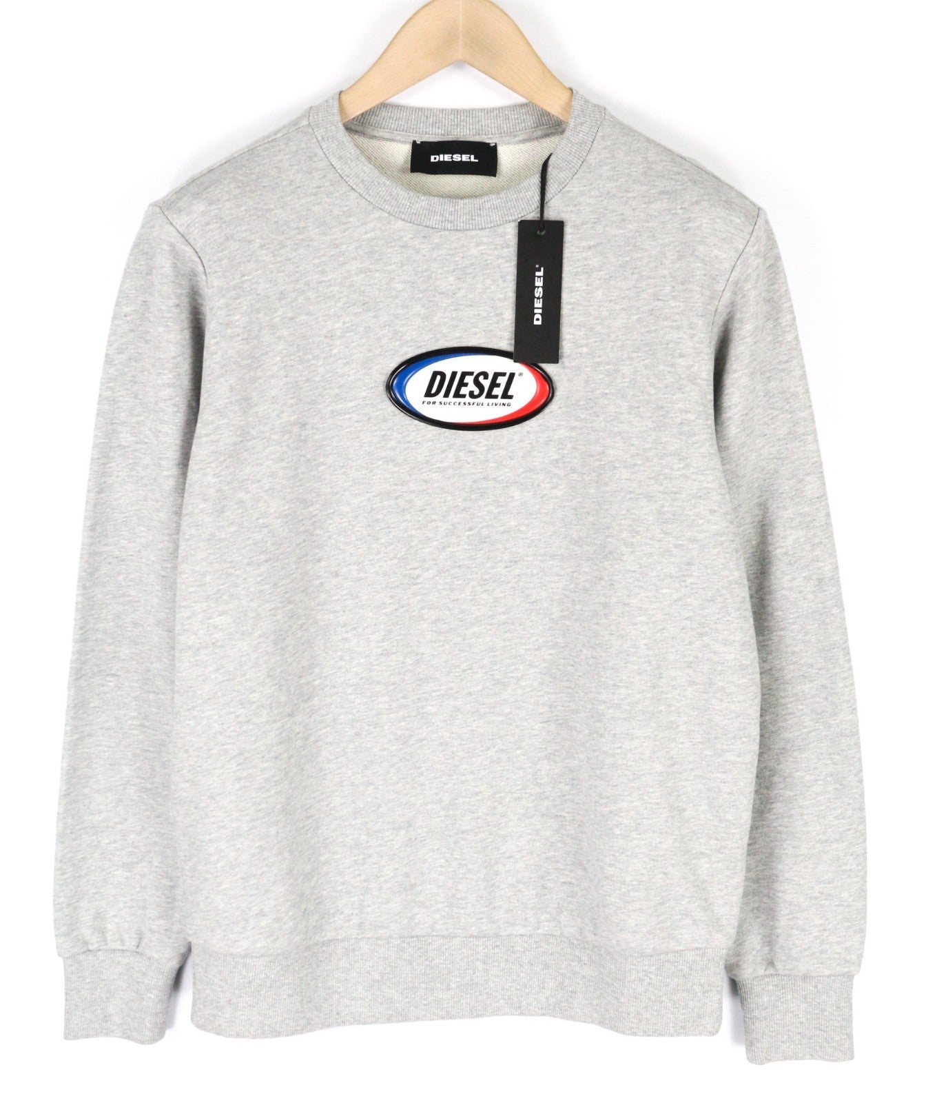 DIESEL S-Girk Men's Sweatshirt S Grey Melange Crew Neck Cotton Logo Pullover