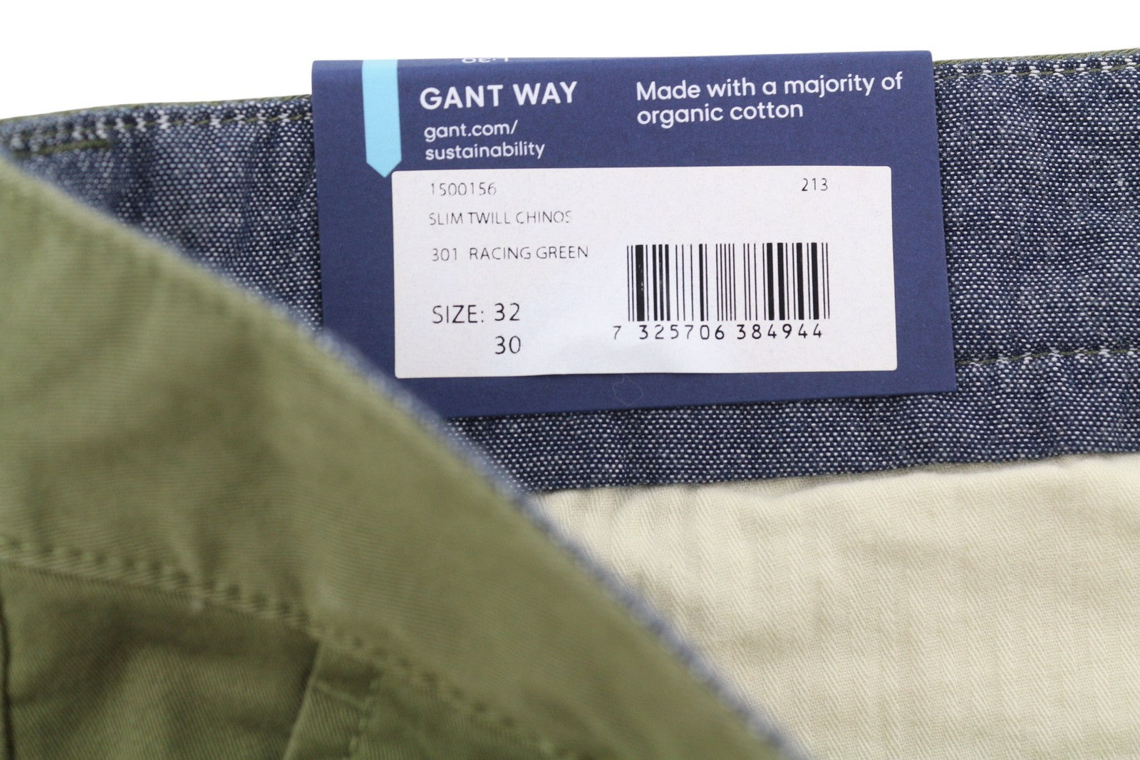 GANT Slim Twill Chinos Men Trousers W32/L30 Racing Green Casual Zip Fly Logo