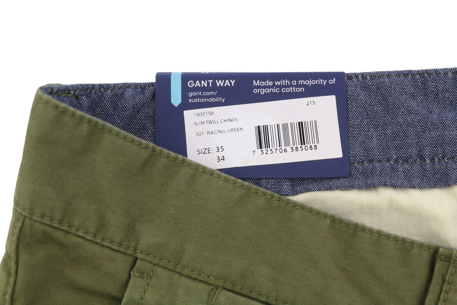 GANT Slim Twill Chinos Men Trousers W35/L34 Racing Green Casual Zip Fly Logo