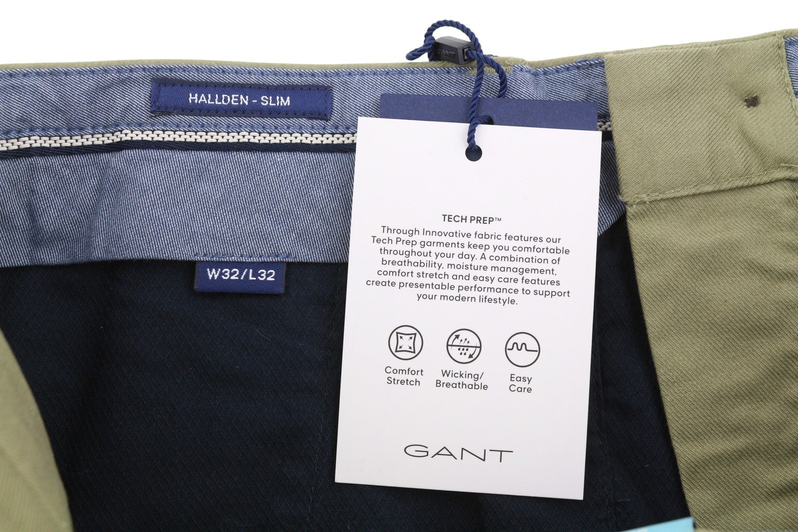 GANT Hallden Tech Prep Chino Men Trousers W32/L32 Aloe Green Slim Fit Zip Fly