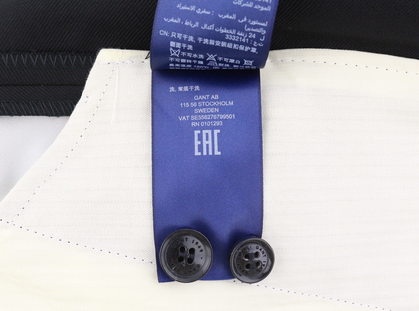 GANT Light Wool Men Trousers EU56 Black Wool Straight Fit Zip Fly Logo Formal