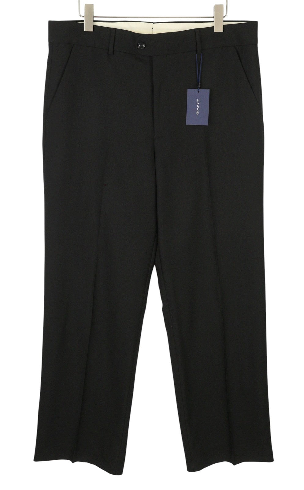 GANT Light Wool Men Trousers EU56 Black Wool Straight Fit Zip Fly Logo Formal