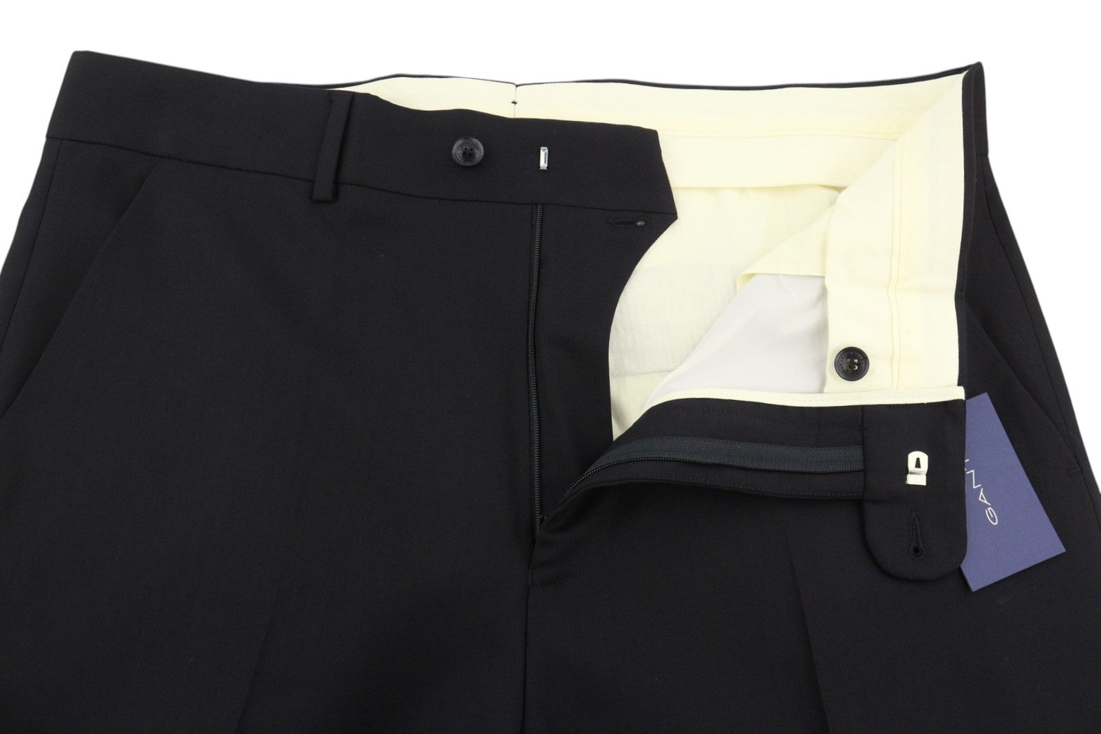 GANT Light Wool Men Trousers EU56 Black Wool Straight Fit Zip Fly Logo Formal