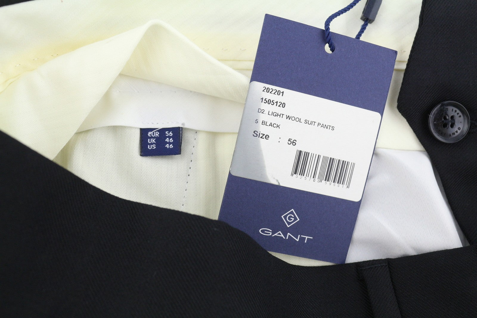 GANT Light Wool Men Trousers EU56 Black Wool Straight Fit Zip Fly Logo Formal