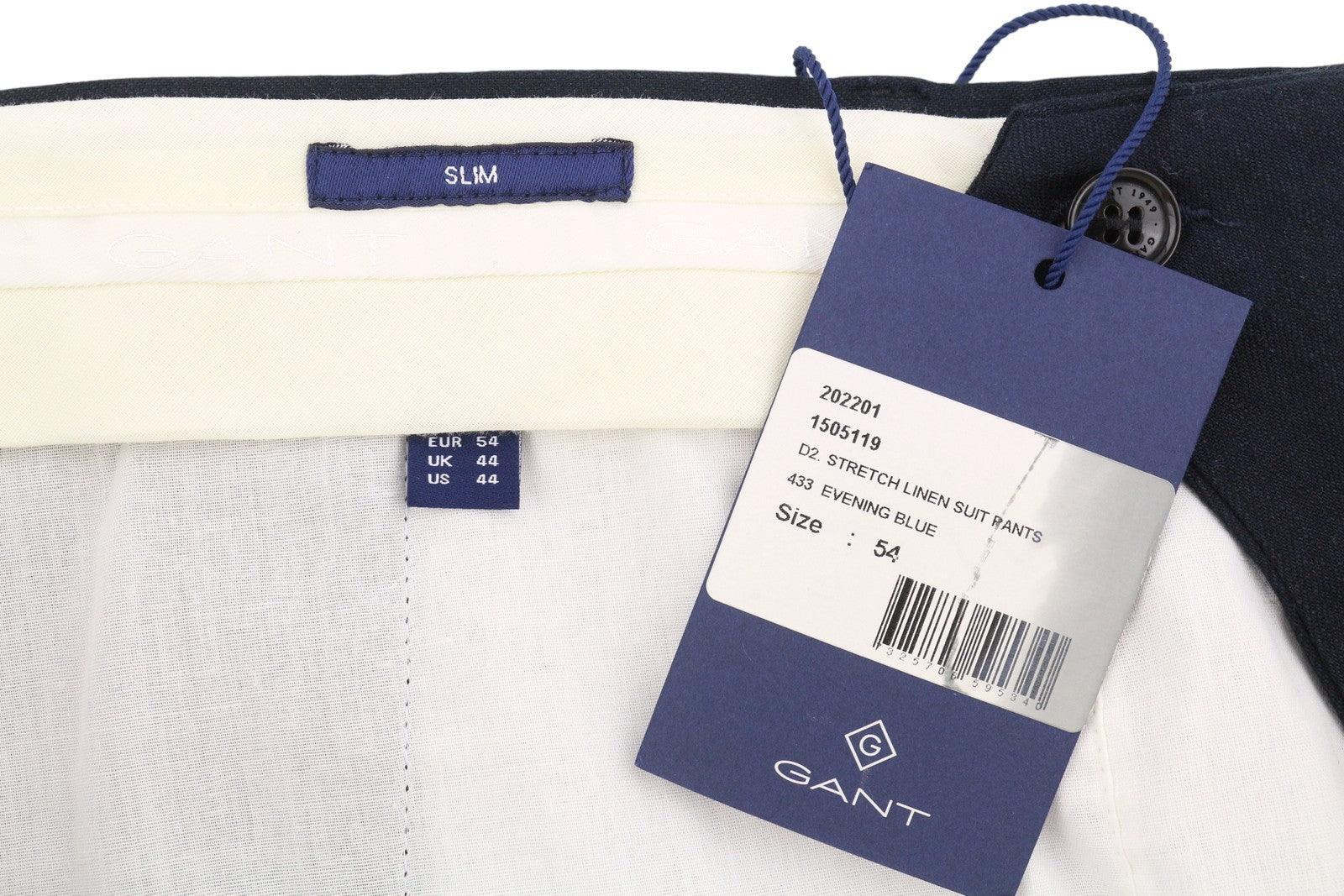 GANT Stretch Linen Men Trousers EU54 Evening Blue Slim Fit Zip Fly Dark Formal