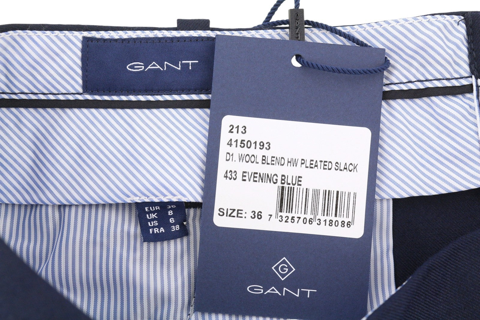 GANT Wool Blend HW Pleated Slack Women Trousers EU36 Evening Blue Straight Leg
