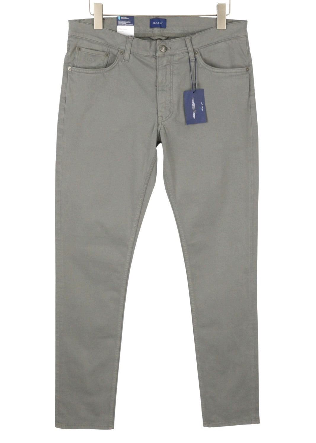 GANT Maxen Satin Men Trousers W35/L36 Steel Grey Extra Slim Fit Zip Fly Casual