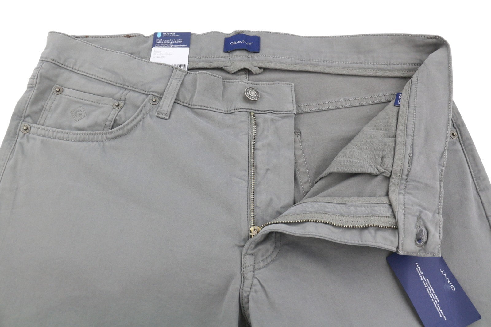 GANT Maxen Satin Men Trousers W35/L36 Steel Grey Extra Slim Fit Zip Fly Casual