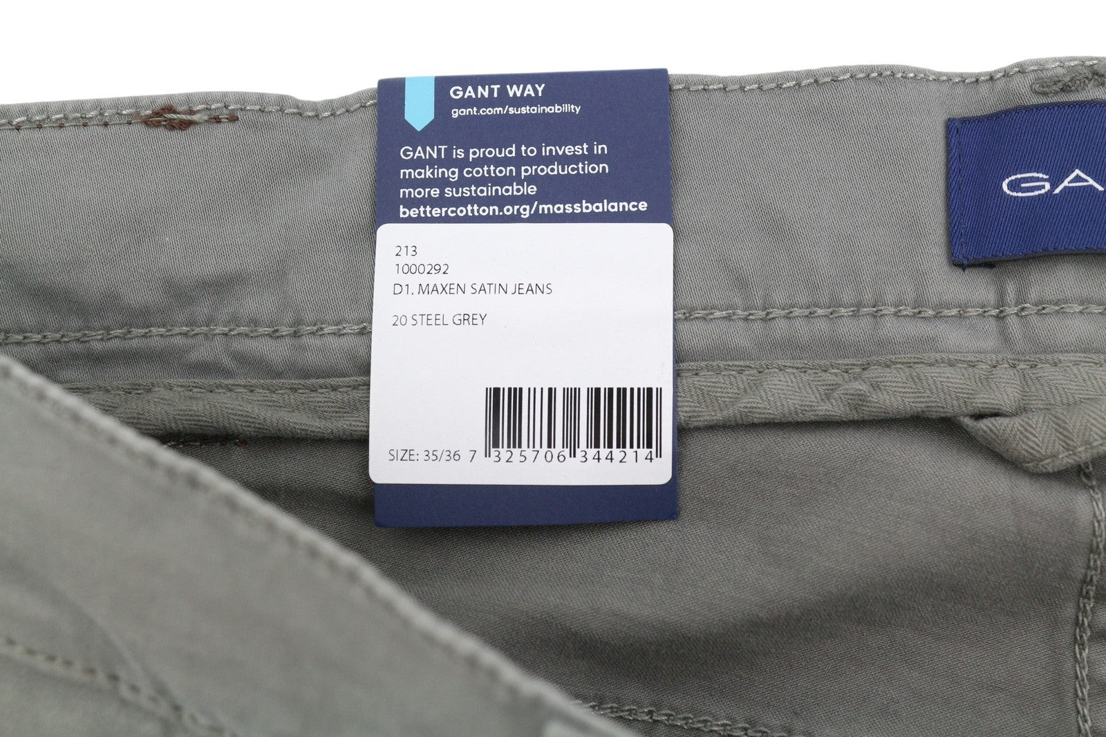 GANT Maxen Satin Men Trousers W35/L36 Steel Grey Extra Slim Fit Zip Fly Casual