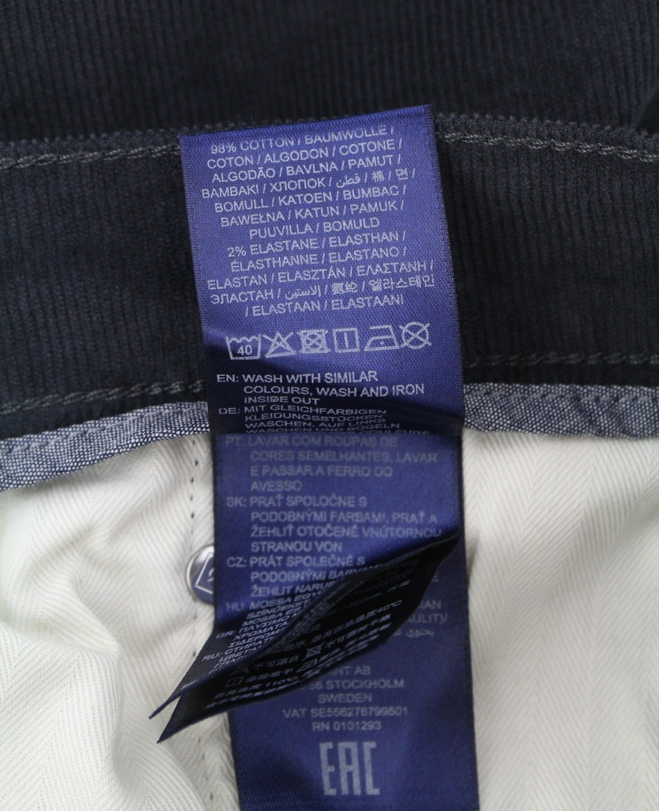 GANT Hayes Cord Men Trousers W33/L32 Antracite Corduroy Slim Fit Black Zip Fly