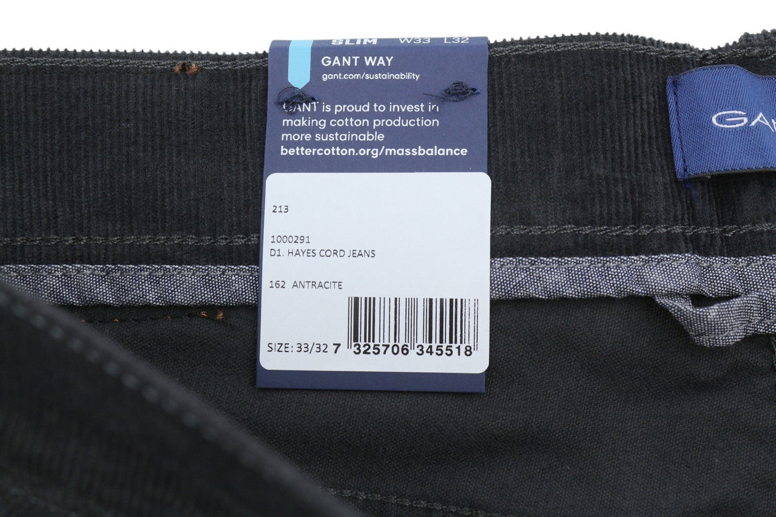 GANT Hayes Cord Men Trousers W33/L32 Antracite Corduroy Slim Fit Black Zip Fly