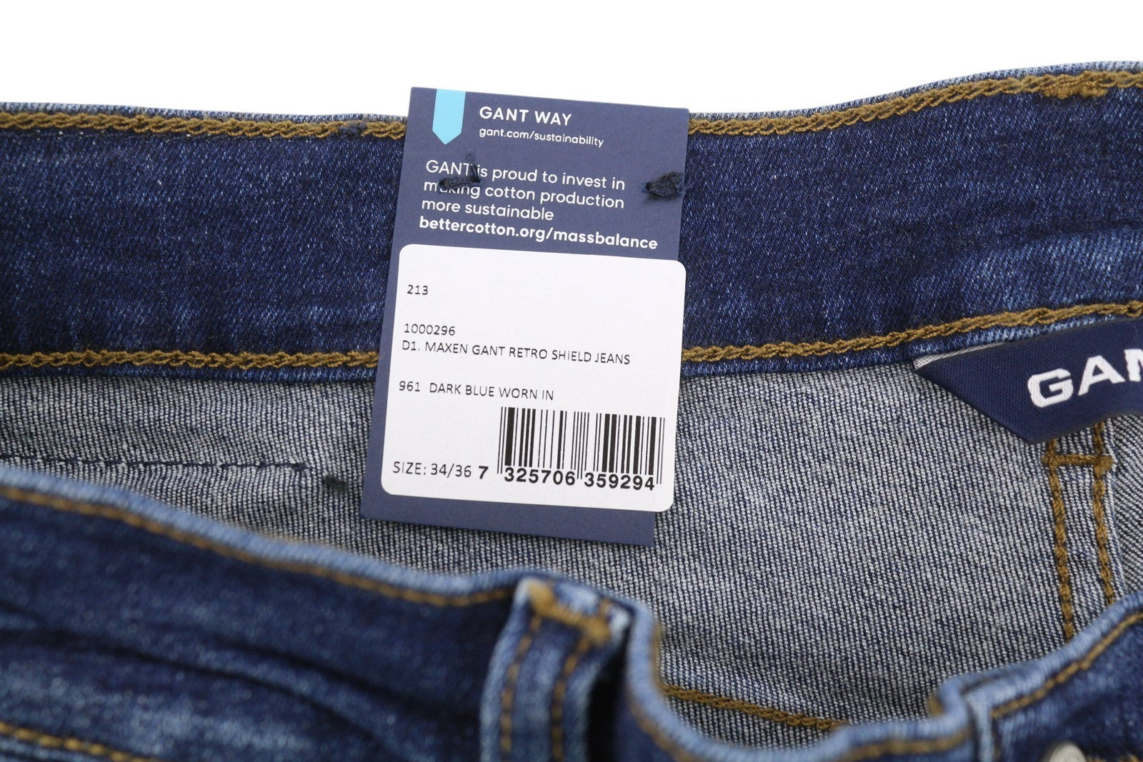 GANT Maxen Retro Shield vyriški džinsai W34/L36 tamsiai mėlyni ūsuoti, aptempti 