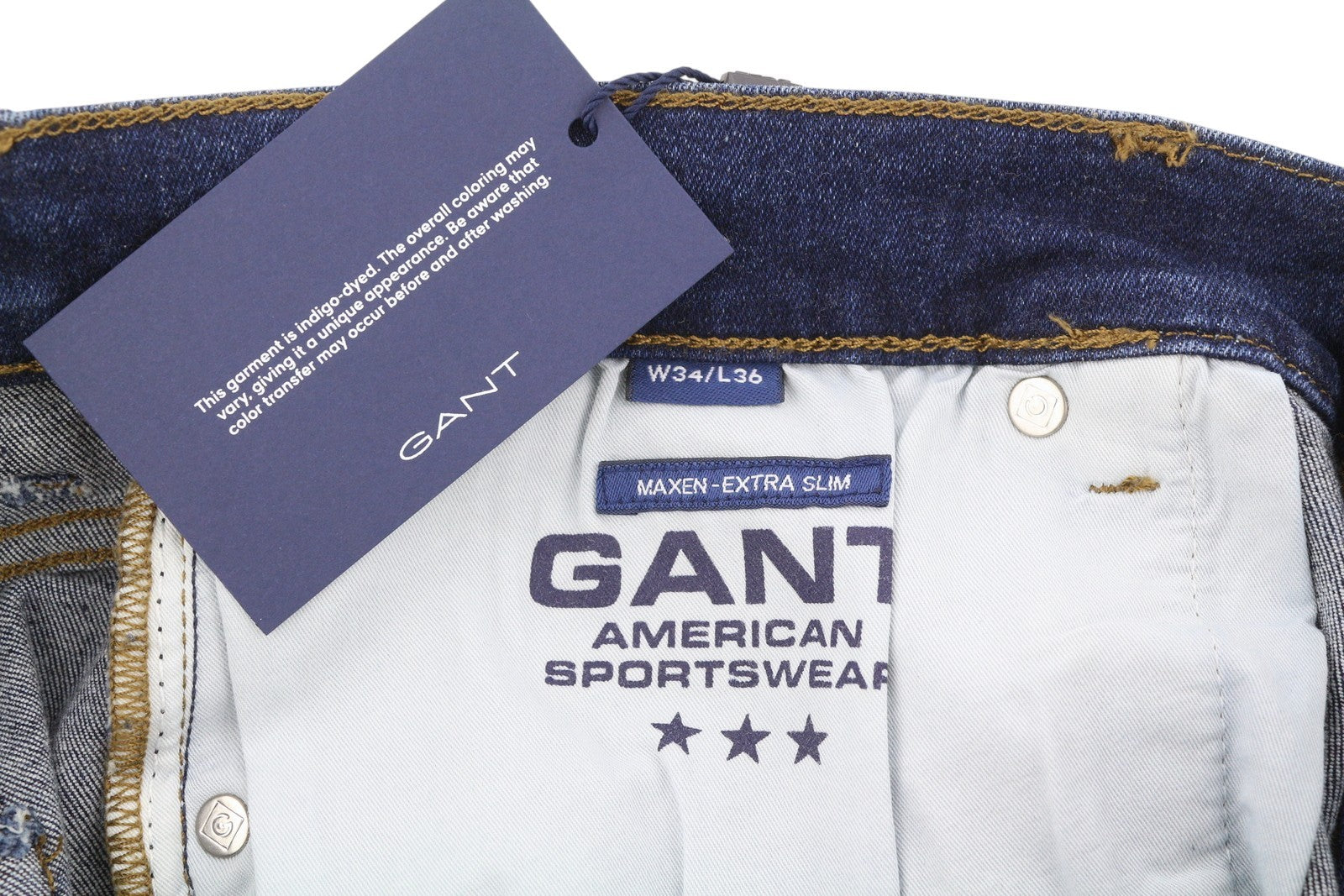 GANT Maxen Retro Shield vyriški džinsai W34/L36 tamsiai mėlyni ūsuoti, aptempti 