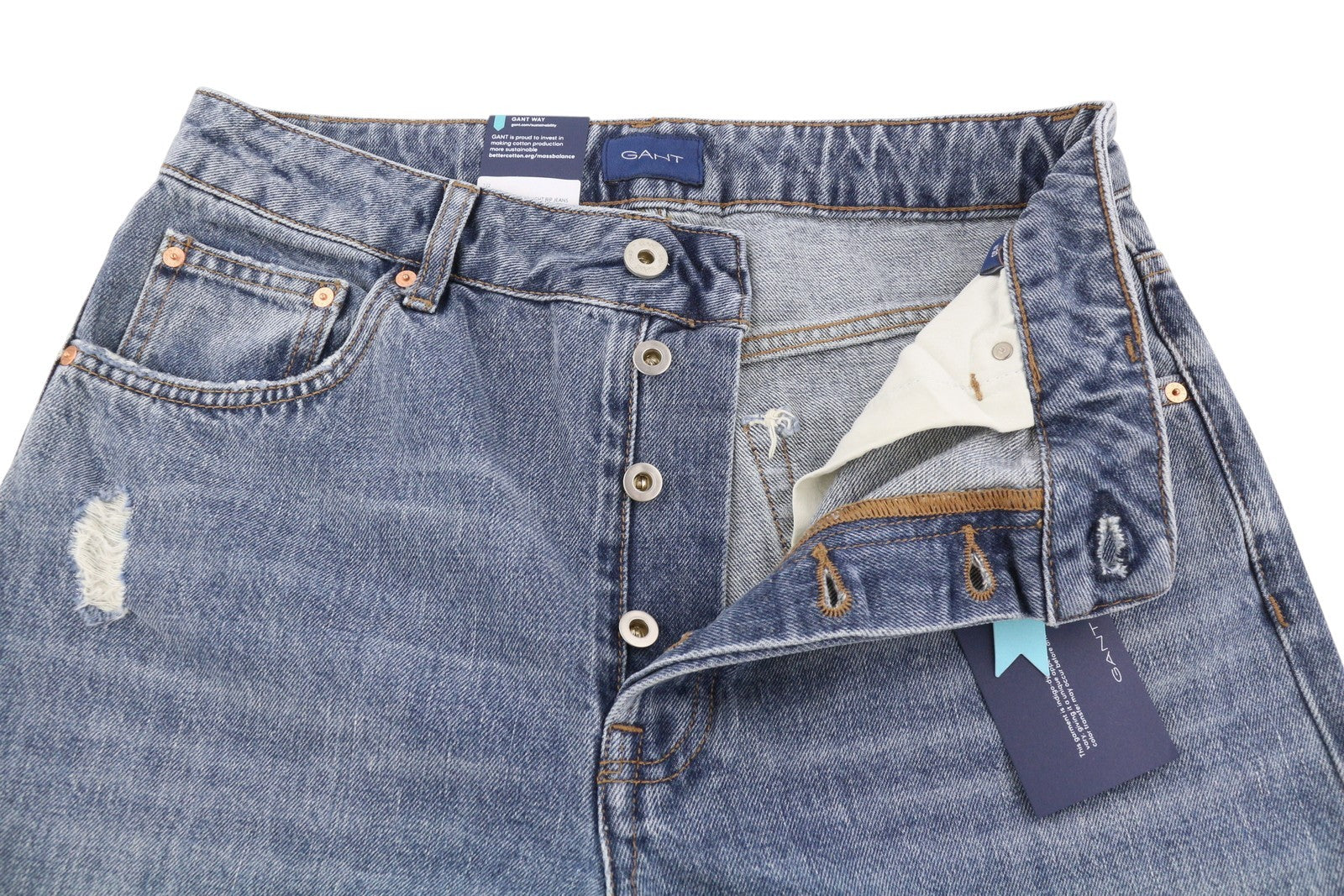 GANT HW Relaxed Straight Rip moteriški džinsai W30 Mid Blue Vintage Faded Distress 