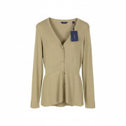 GANT Rib Cardigan Top Women Jumper XL Gold Button-Up Tight-Knit Stretch Logo
