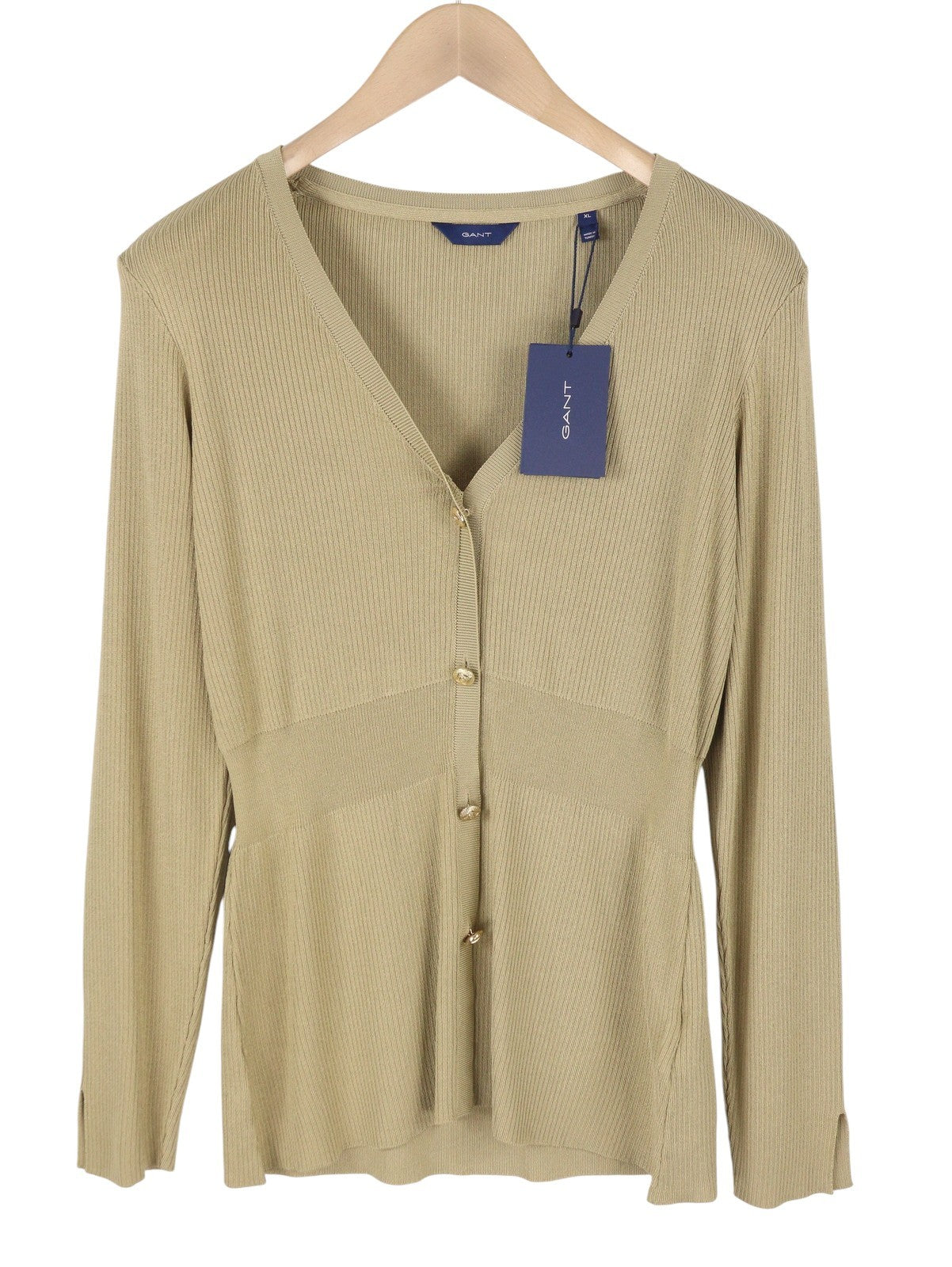 GANT Rib Cardigan Top Women Jumper XL Gold Button-Up Tight-Knit Stretch Logo