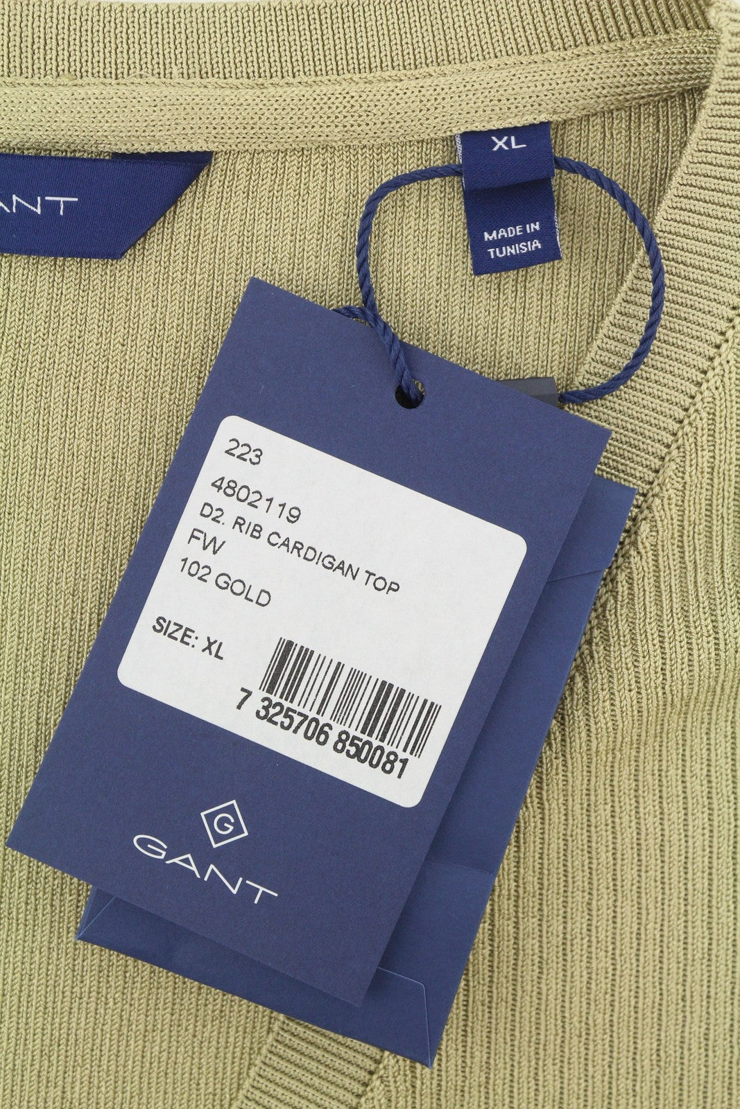 GANT Rib Cardigan Top Women Jumper XL Gold Button-Up Tight-Knit Stretch Logo