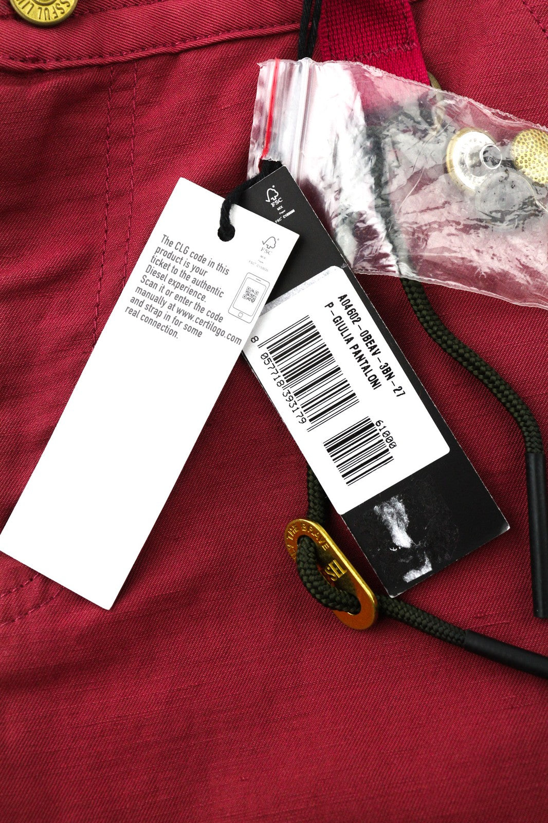 DIESEL P-Giulia moteriškos kelnės W27 bordo spalvos lino mišinio su krovininėmis kišenėmis, RRP 300 