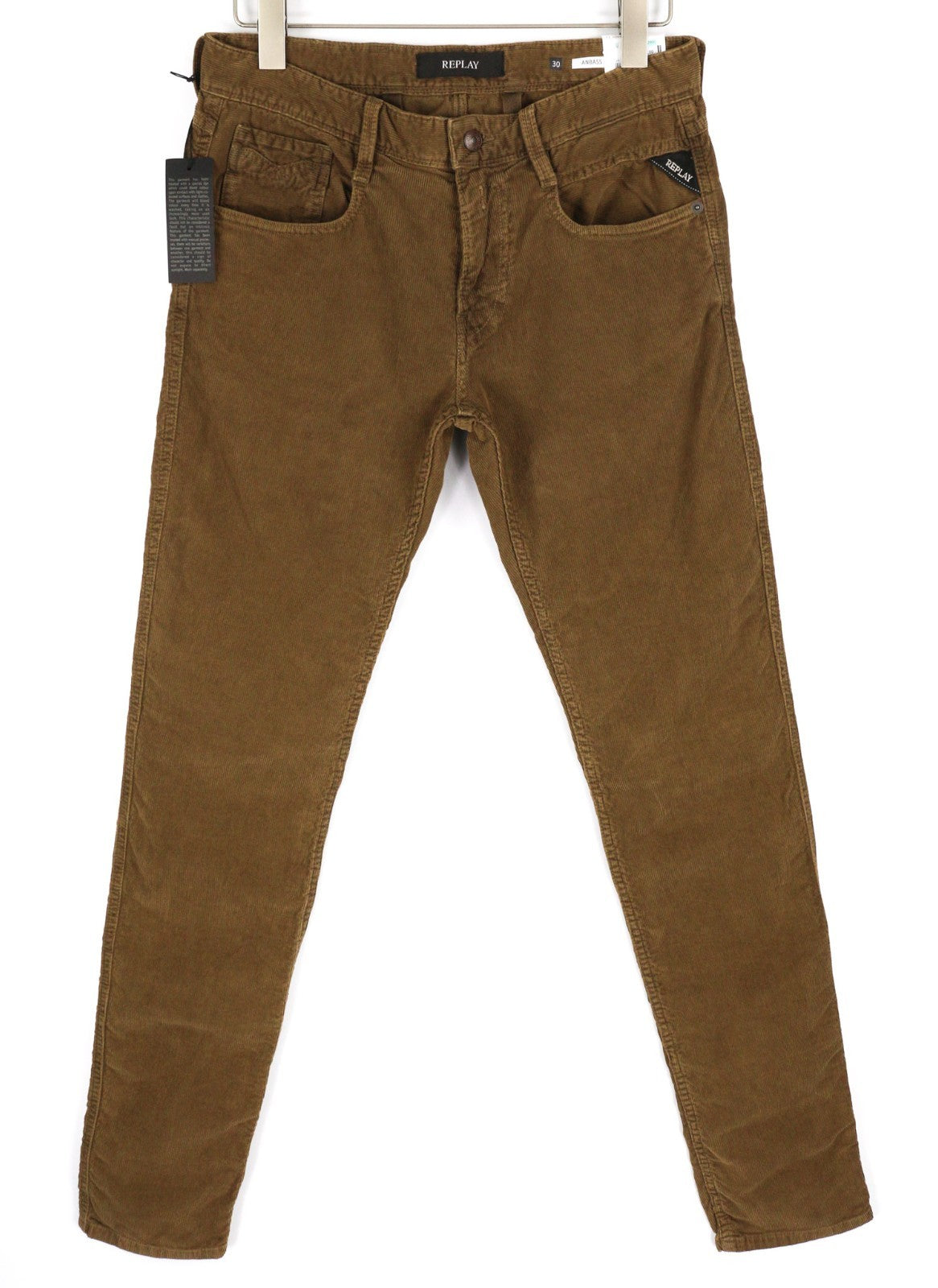 REPLAY Anbass Men's Trousers W30/L34 Brown Corduroy Slim Stretch Zip Fly Logo