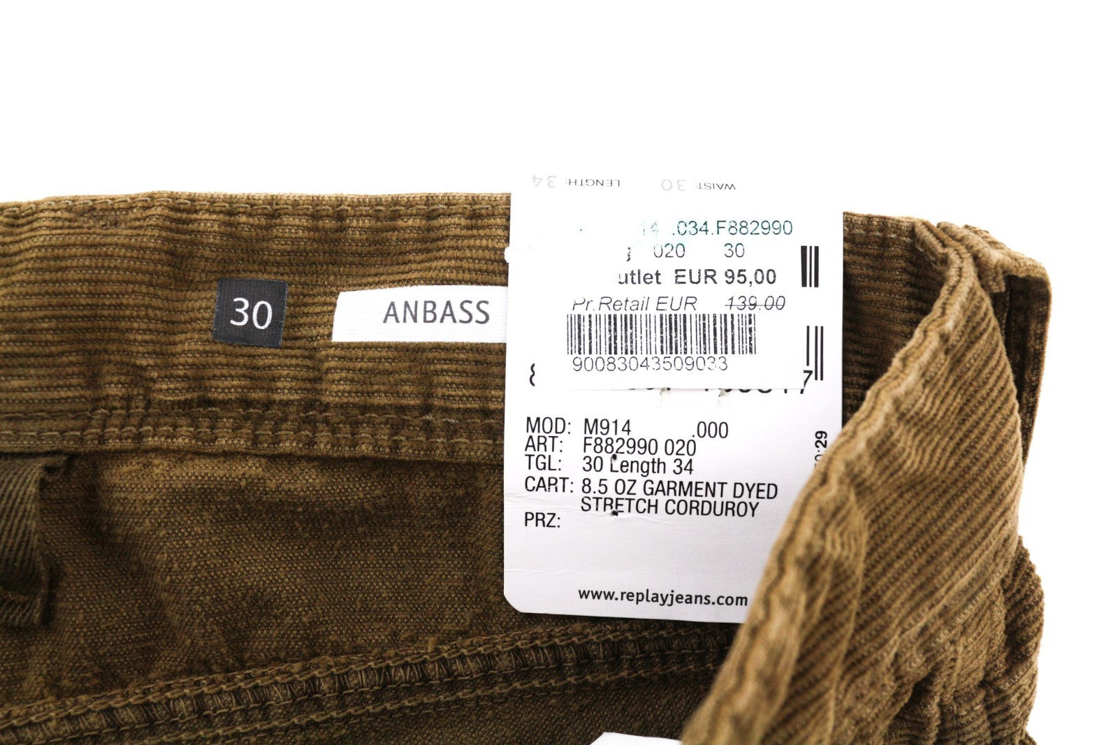 REPLAY Anbass Men's Trousers W30/L34 Brown Corduroy Slim Stretch Zip Fly Logo