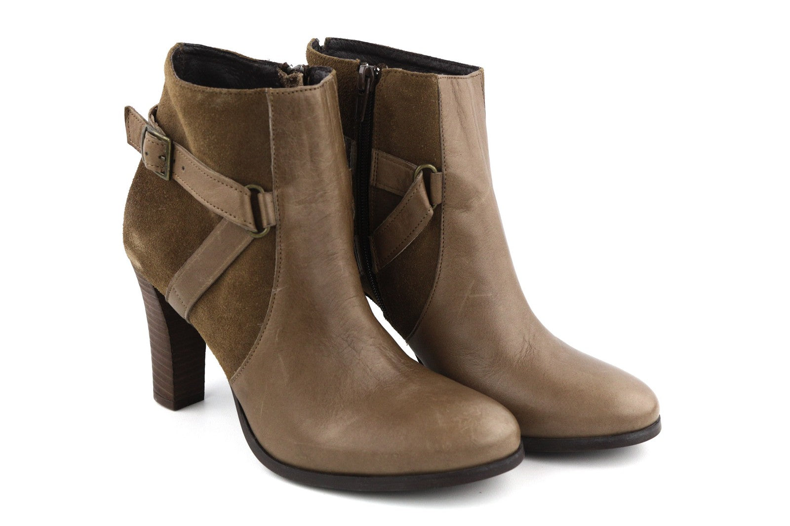 JONAK Women's Boots UK6.5 EU39 Brown Suede Zip Almond Toe Slim Heel Buckle