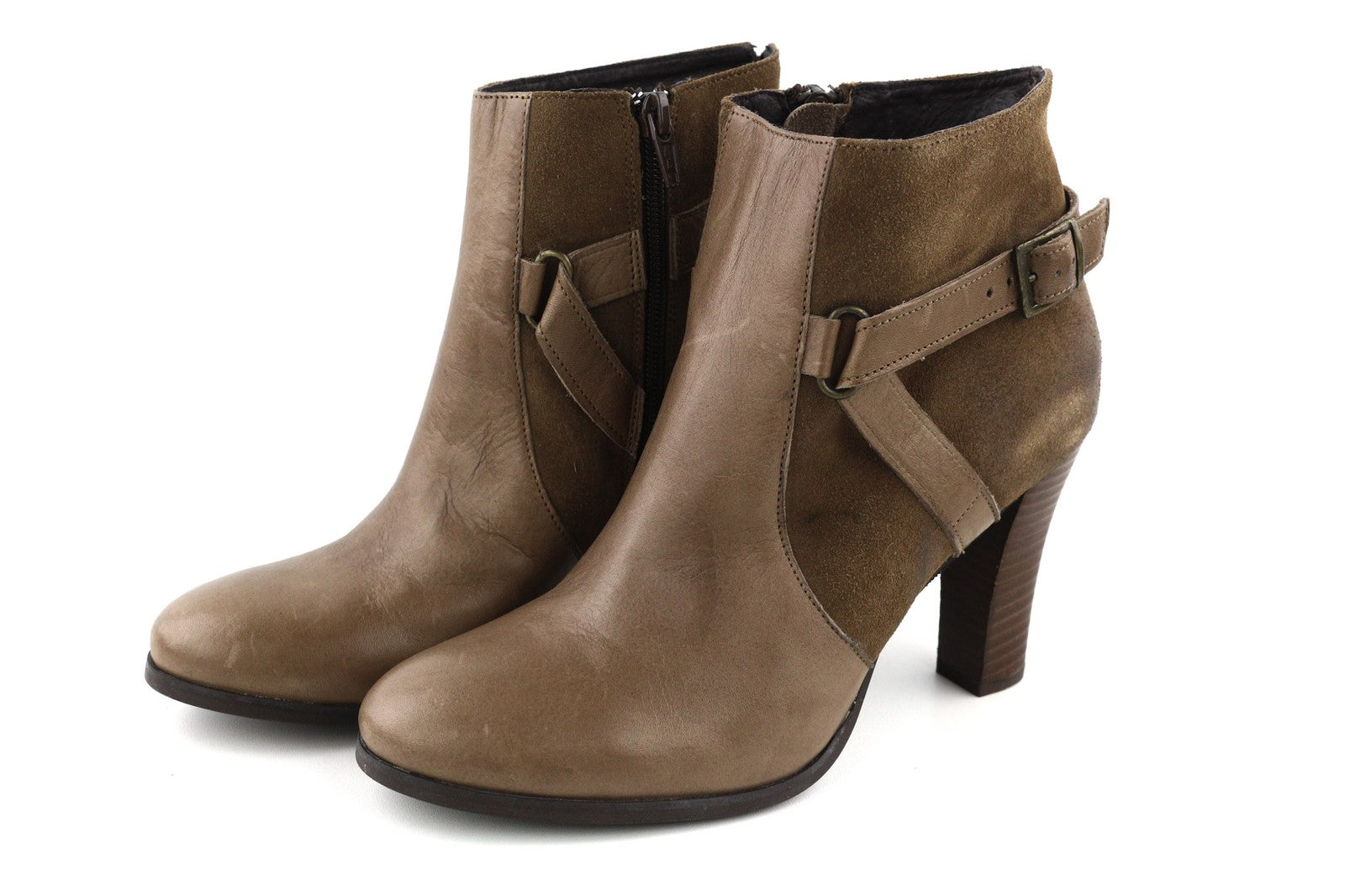 JONAK Women's Boots UK6.5 EU39 Brown Suede Zip Almond Toe Slim Heel Buckle