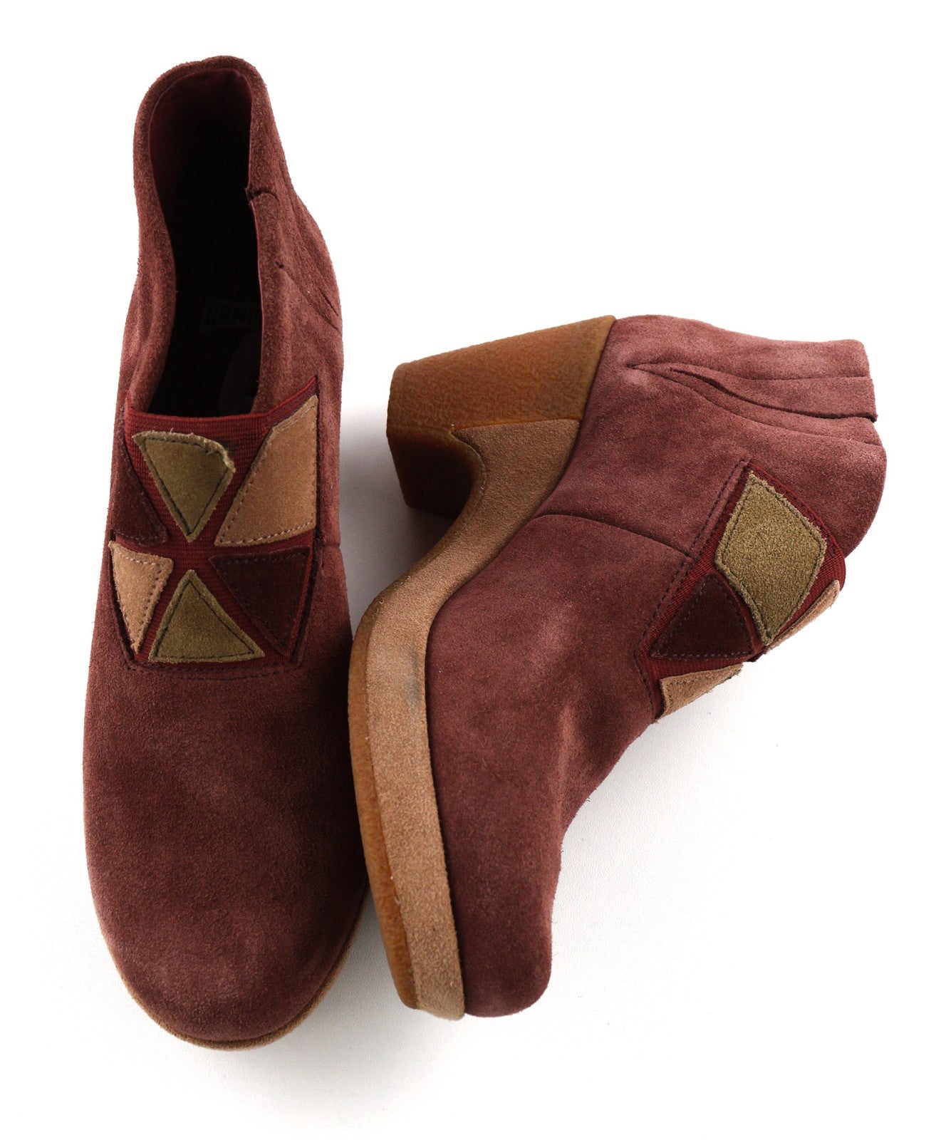 CAMPER Women's Boots UK4 EU37 Burgundy Suede Almond Toe Patch Heel Pull On