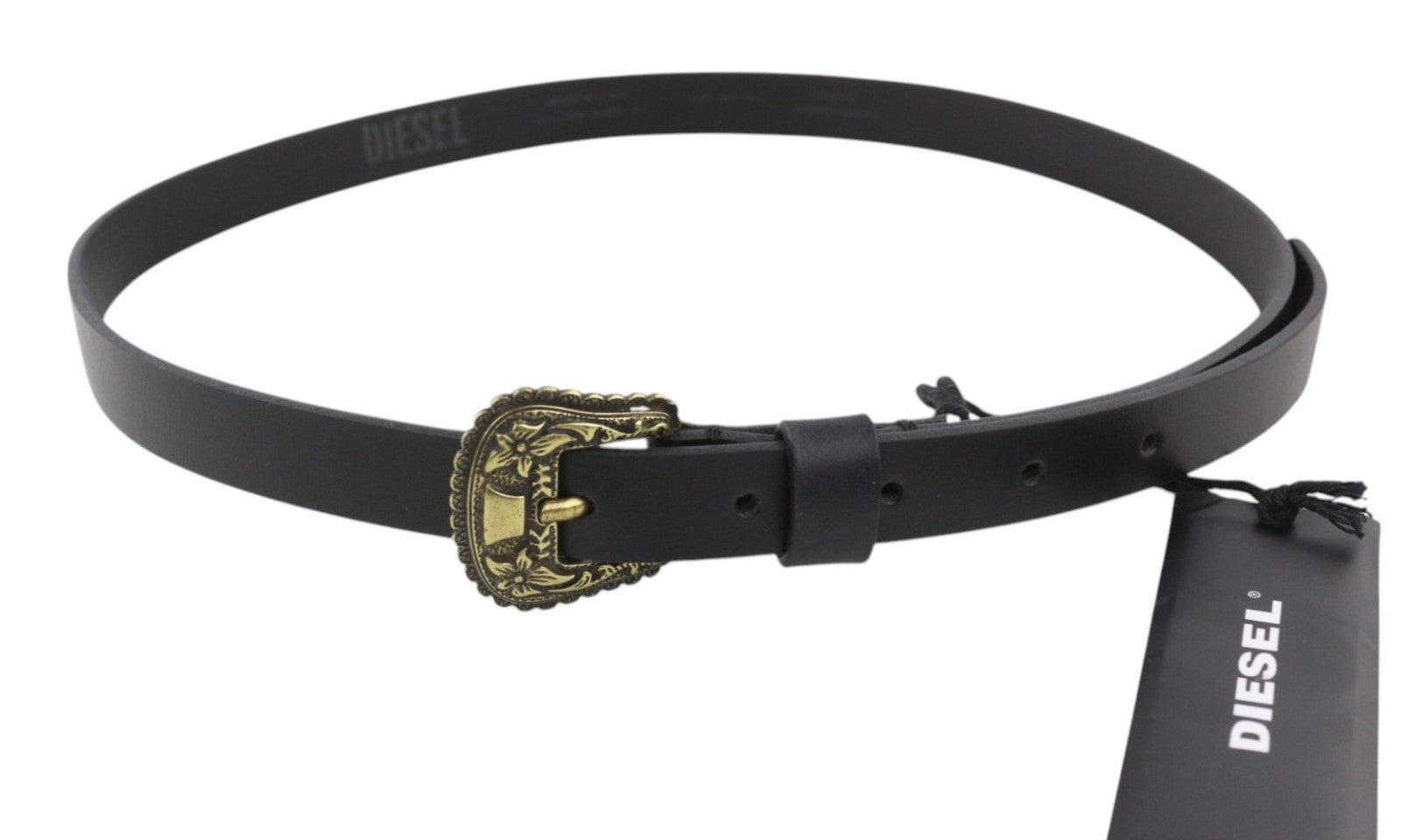 DIESEL B-Texy Women Belt 85 cm Black Leather Thin Strap Metal Buckle