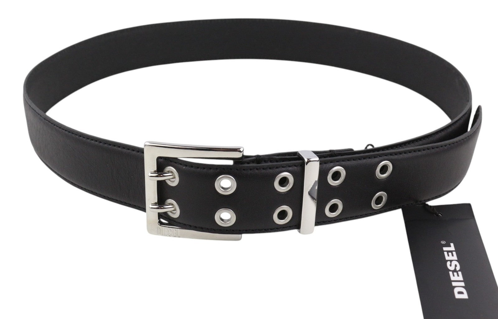 DIESEL B-Rock Men Belt 90 cm Black Leather Eyelet Detail Metal Buckled RRP80
