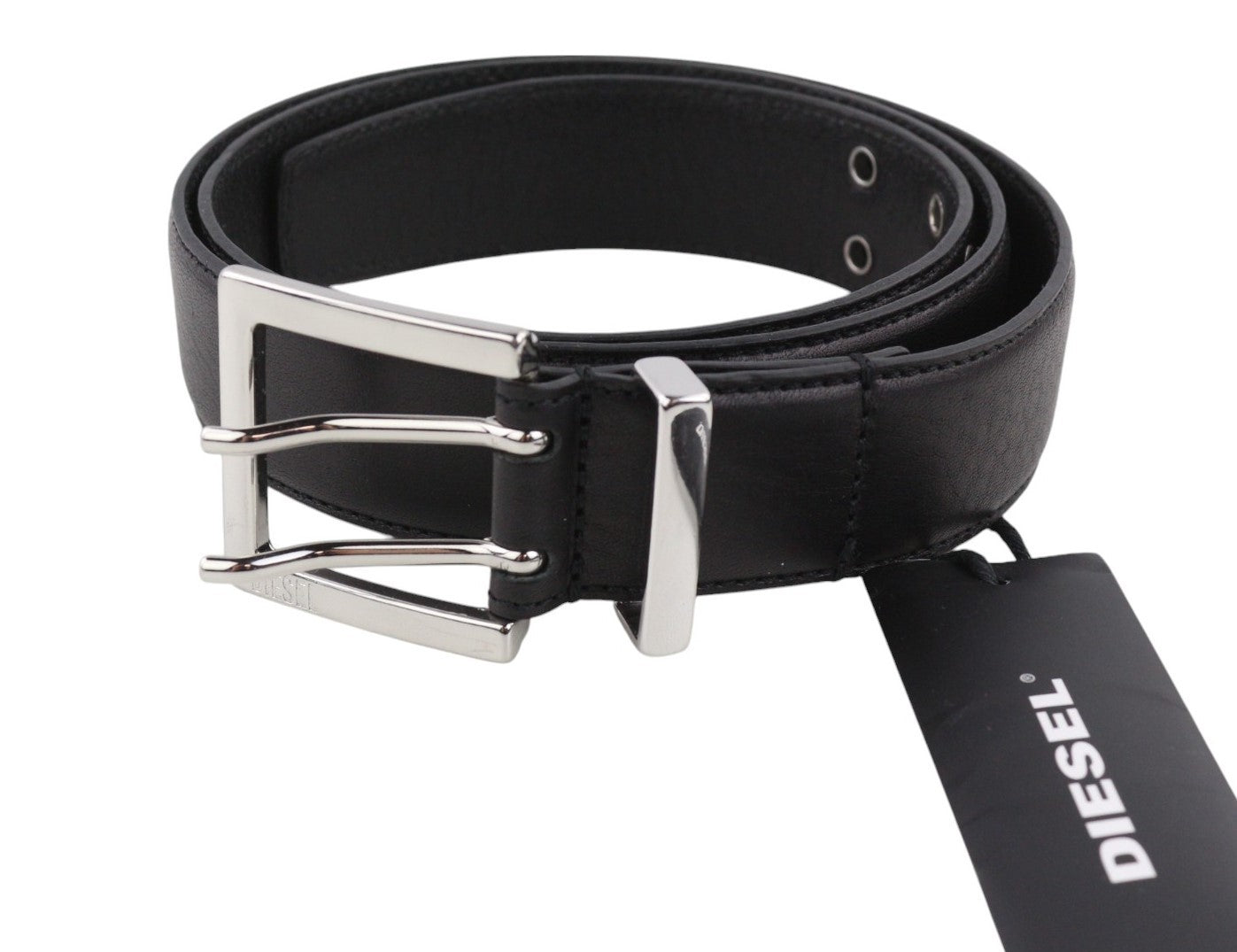 DIESEL B-Rock Men Belt 95 cm Black Leather Eyelet Detailed Metal Buckle RRP80