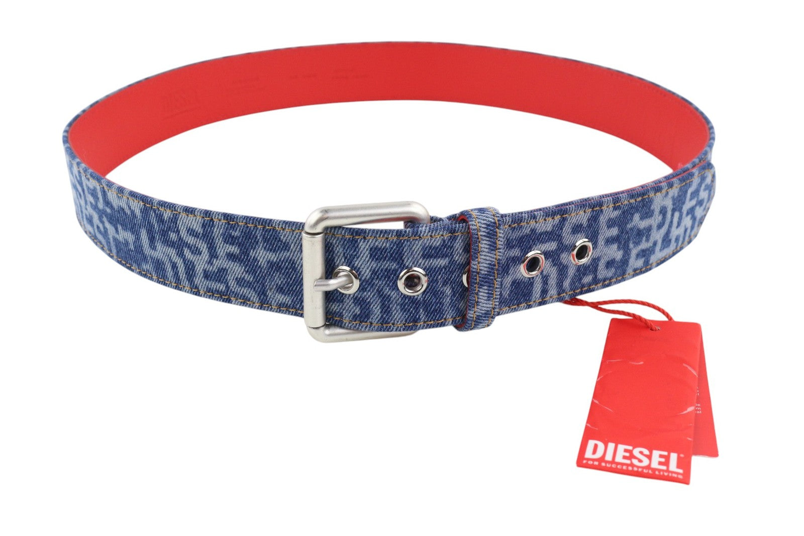 DIESEL B-Monogram Men Belt 105 cm Blue Red Leather Denim Print Buckled RRP150