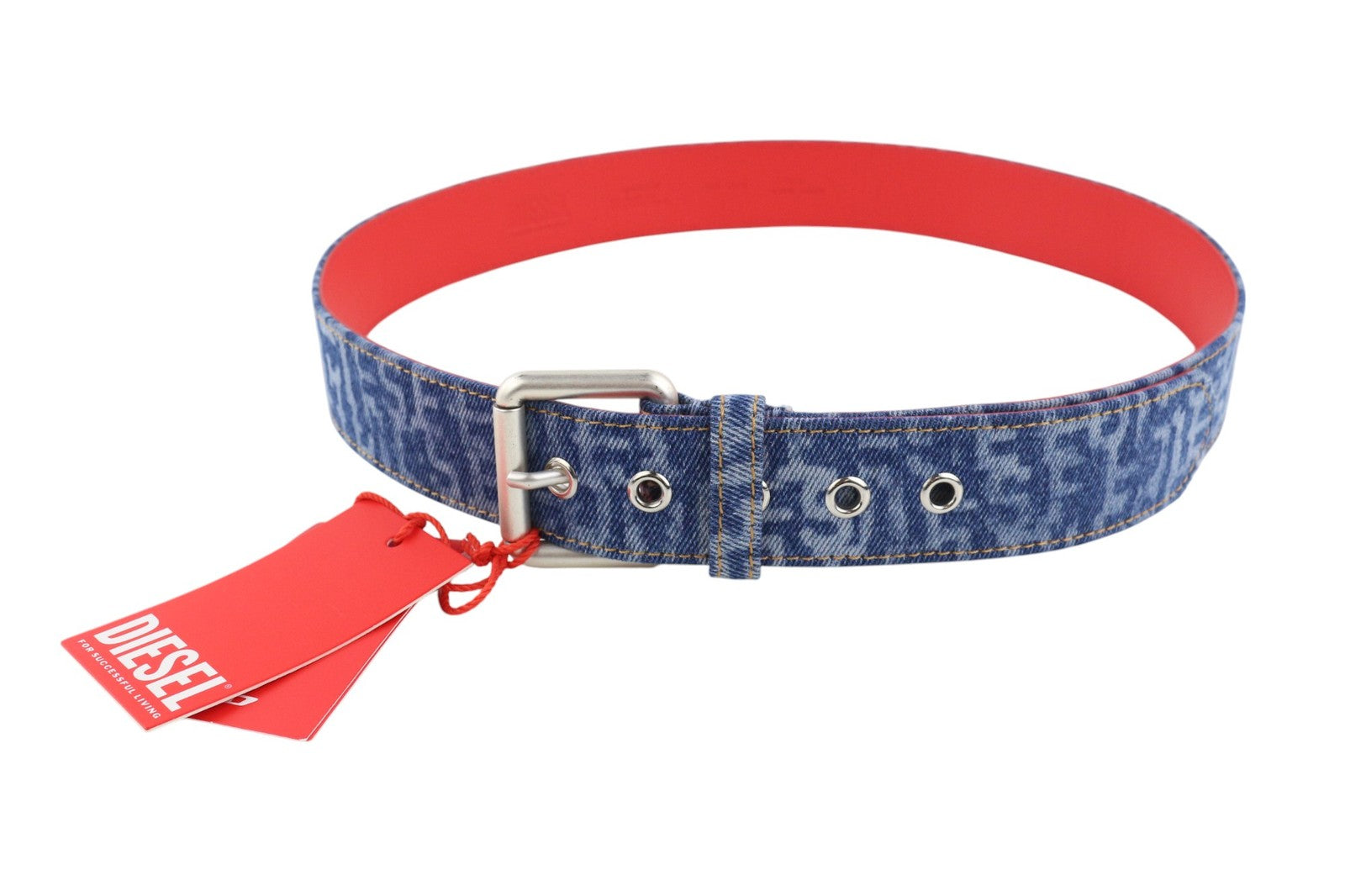 DIESEL B-Monogram Men Belt 105 cm Blue Leather Denim Logo Pattern Buckled RRP150