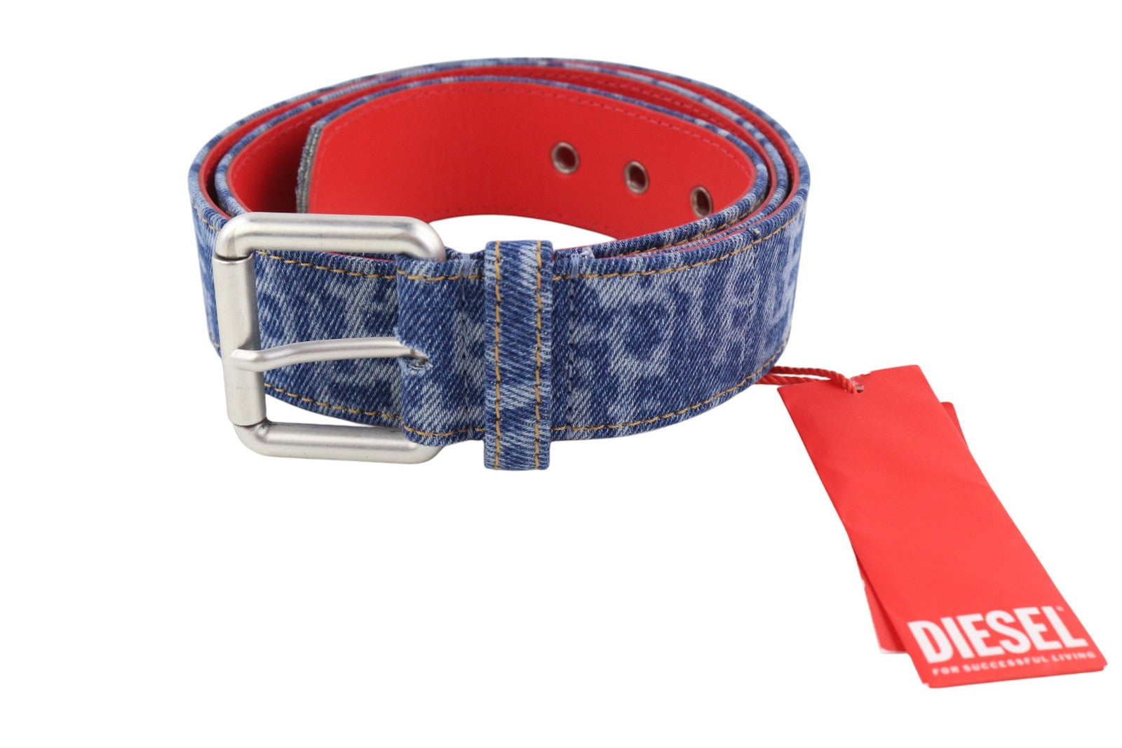 DIESEL B-Monogram Men Belt 105 cm Blue Leather Denim Pattern Buckled RRP150