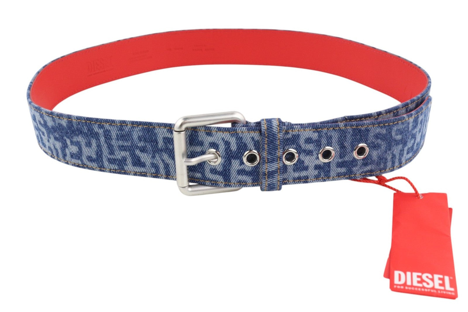 DIESEL B-Monogram Men Belt 105 cm Blue Leather Denim Pattern Buckled RRP150