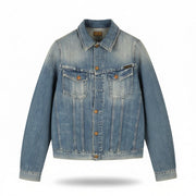 NUDIE JEANS Billy vyriška striukė S šviesių atspalvių su sagomis polo marškinėliais ir logotipu džinsinio audinio 