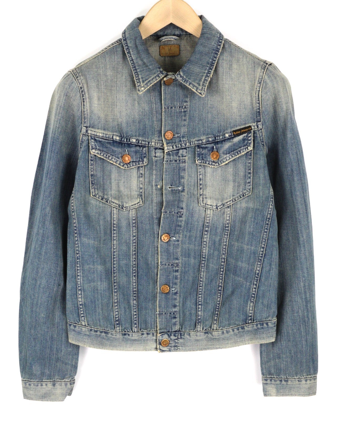 NUDIE JEANS Billy Men's Jacket S Light Shades Washed Buttoned Polo Logo Denim