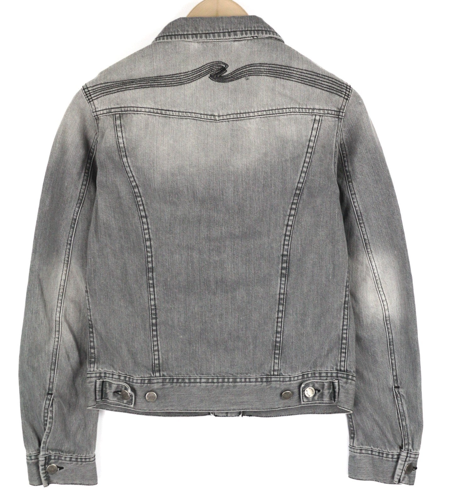 NUDIE JEANS Conny vyriška striukė S su saulės balinta juoda pilka skalbta polo marškinėliai su sagomis 